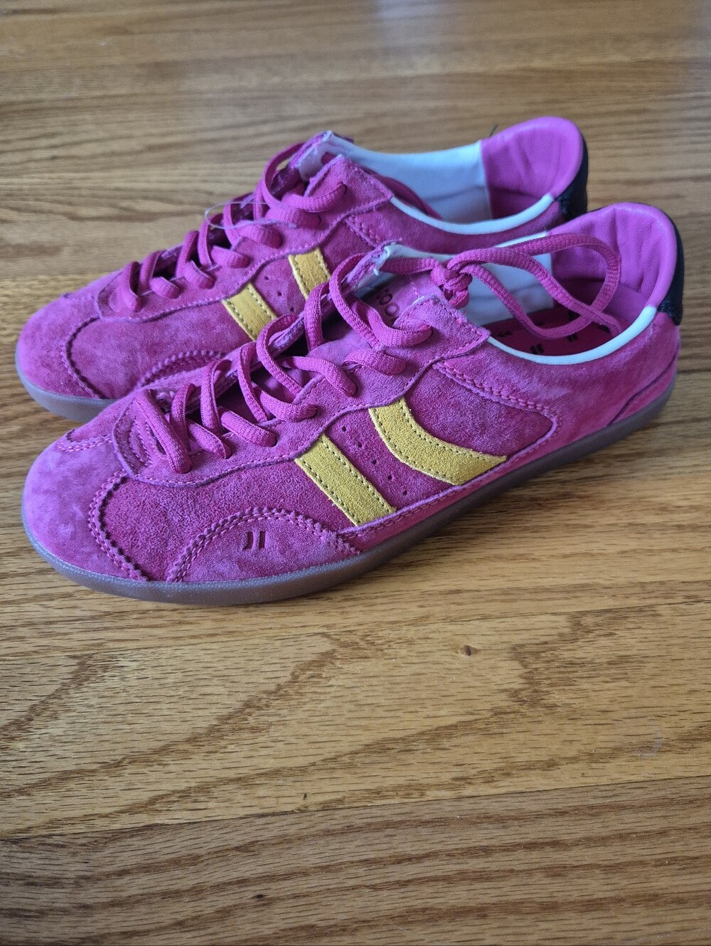 NWOT Coolway Pink Suede Sneakers with Yellow Stripes
